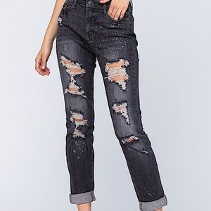 Judy Blue Boyfriend Jeans-Distress Bleach Splatter And Adjustable Cuffed Hemline